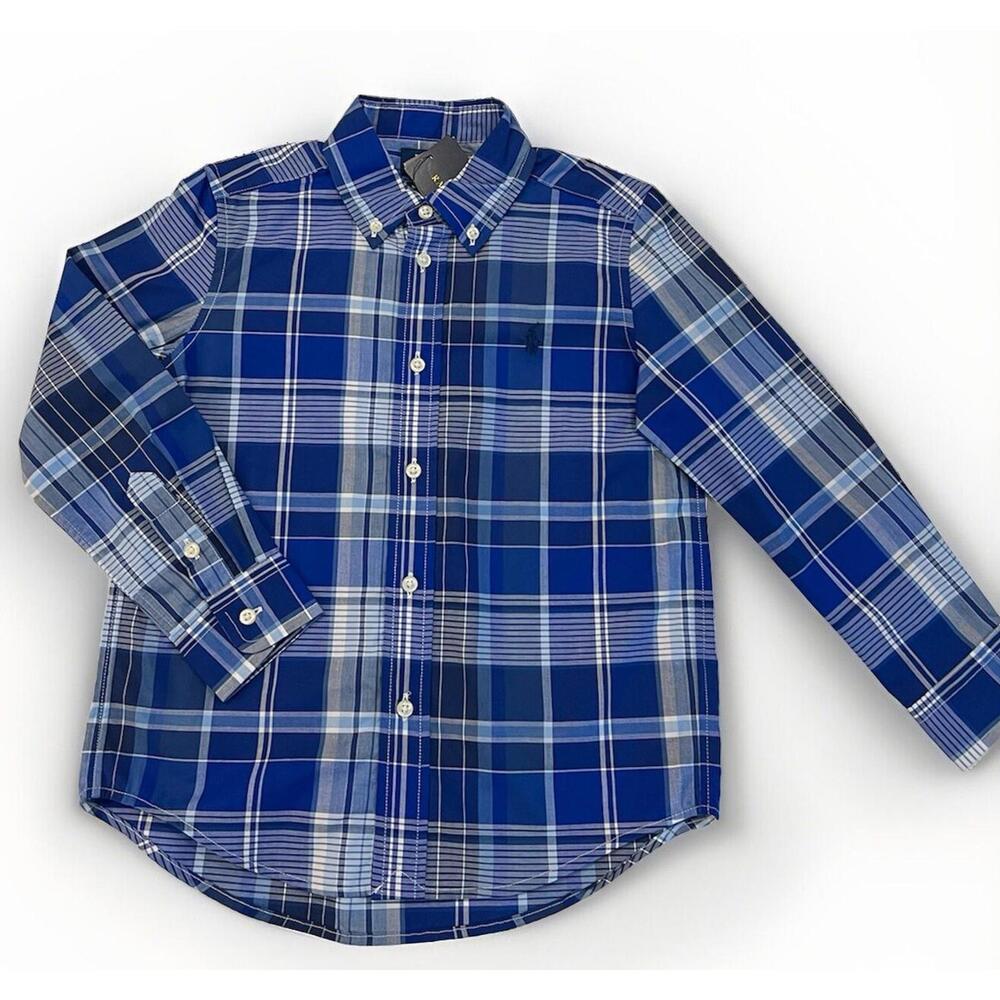 $55 Polo Ralph Lauren  Kids Boys Pony Check Print Blue Long Sleeves Size 5